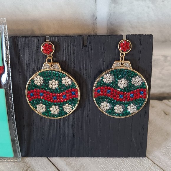 Christmas Bracelet and Ornament Earrings Blingy Sparkles Pierced Rustic Cuff - Picture 2 of 6